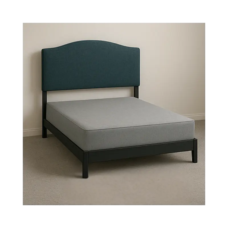 Box spring foundation sitting on navy blue bed frame