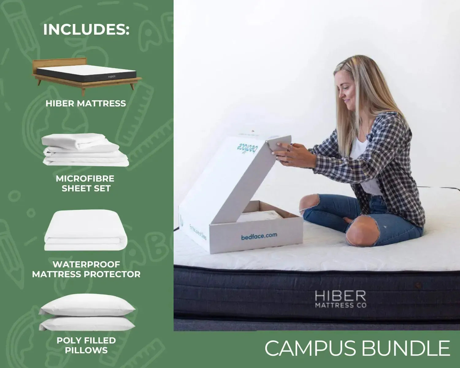 Person unpacking a mattress bundle with Hiber mattress and accessories on a bed.