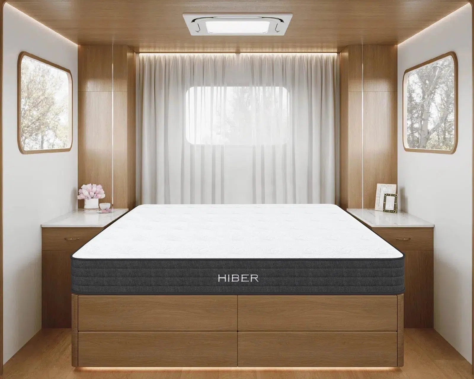 The HIBER8 Mattress displayed in a modern, compact bedroom setting, showcasing its sleek 8-inch profile. The mattress is made in Canada with eco-friendly NaturFoam technology and features a minimalist design that fits perfectly into cozy spaces. The image emphasizes the mattress's ability to optimize space while providing luxurious comfort, placed in a warm, wood-paneled room with soft lighting.
