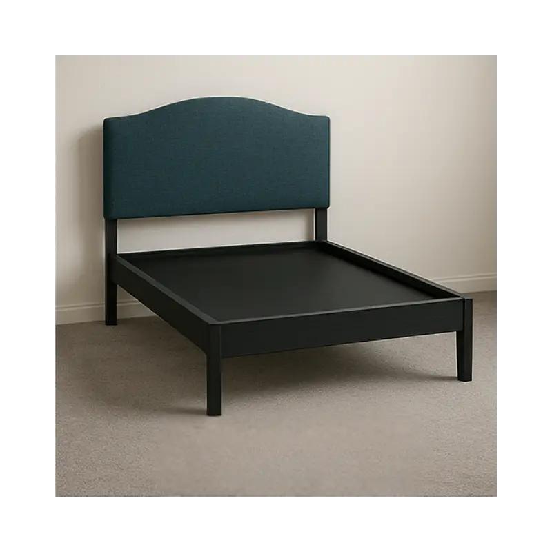 Black platform bed frame with navy blue headboard.