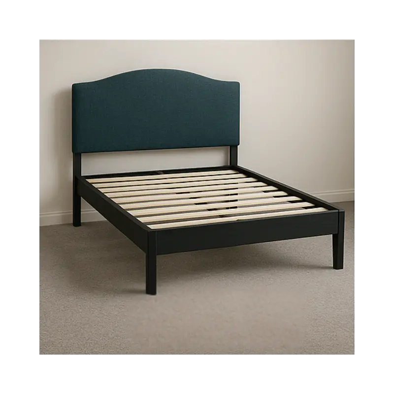 Slatted bed frame with navy blue headboard.