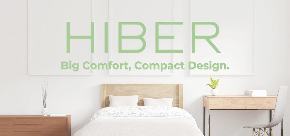 HIBER low-profile mattress on a modern wooden bed frame, designed for bunk bed safety and comfort.