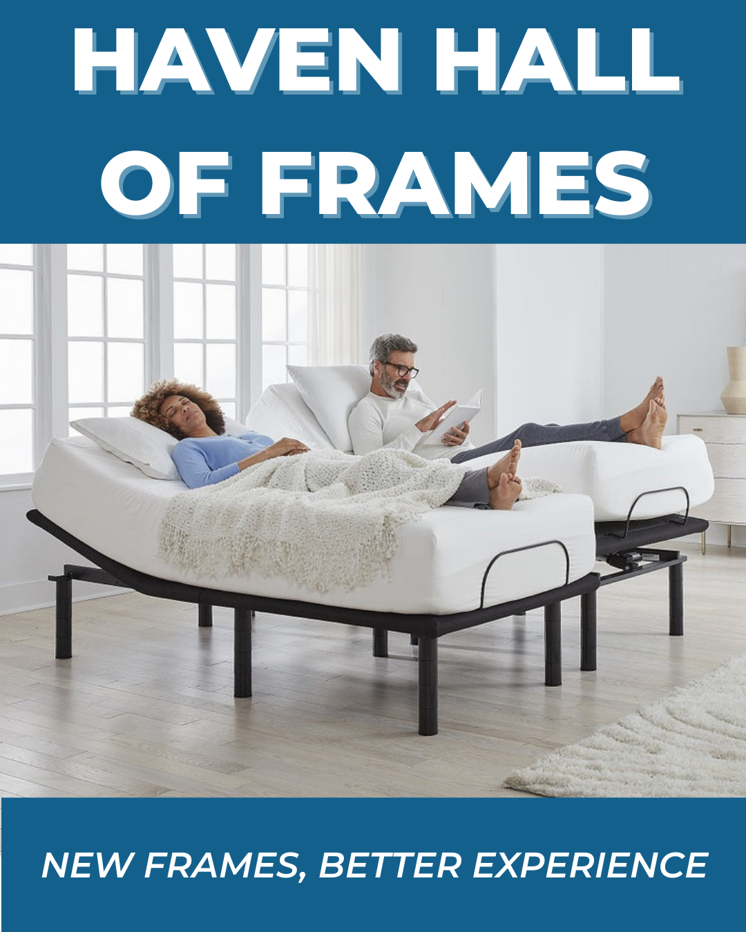 Haven Hall of Frames image with two people laying on a adjustable bed frame 