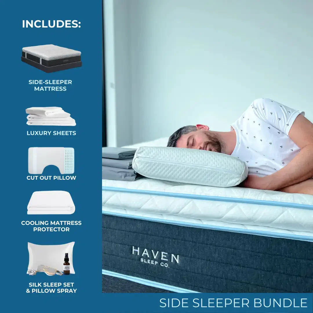 sleeping comfortably on a Haven Side Sleeper Bundle mattress with cut-out pillow, luxury sheets, cooling protector, and silk sleep set.