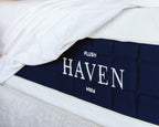 Contour mattress side panel with the Haven logo, sheet pulled back