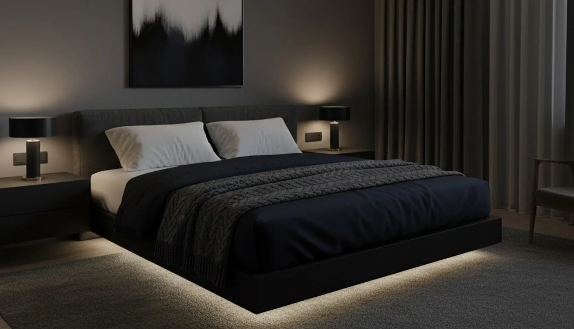Modern bedroom with a bed, nightstands, and wall art in a dimly lit room.