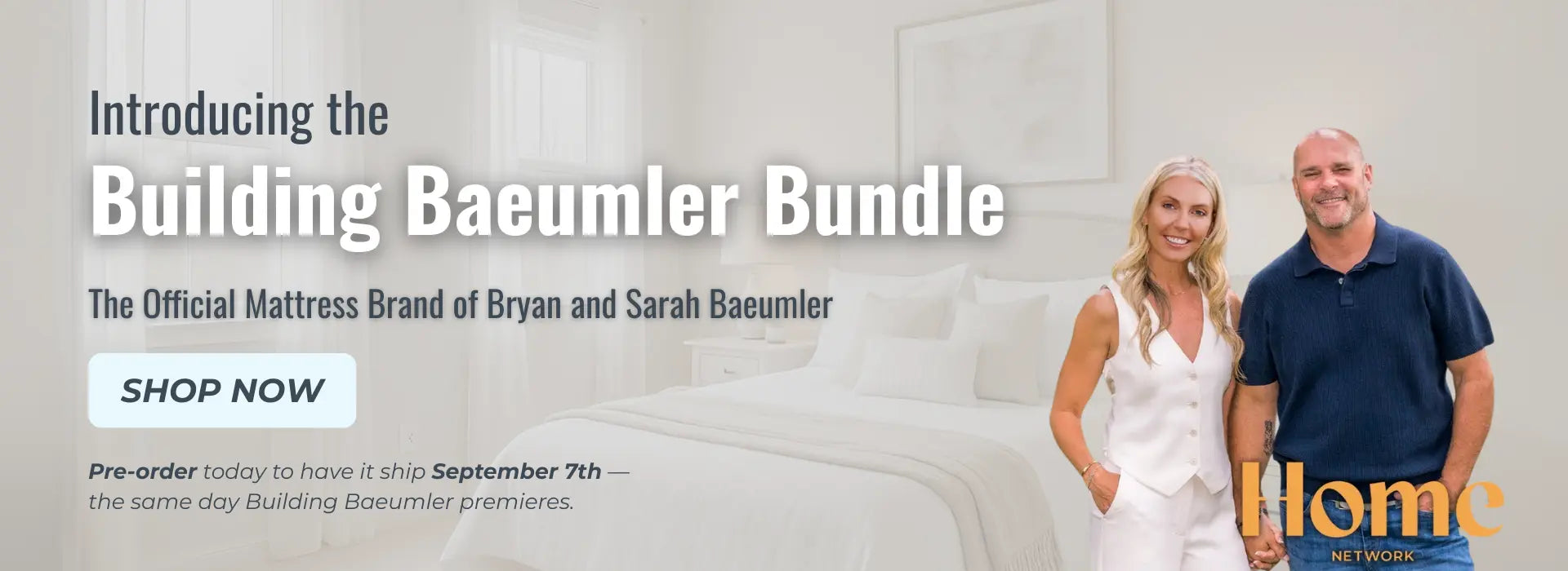Advertisement for Building Baeumler Bundle with a couple standing next to a mattress.