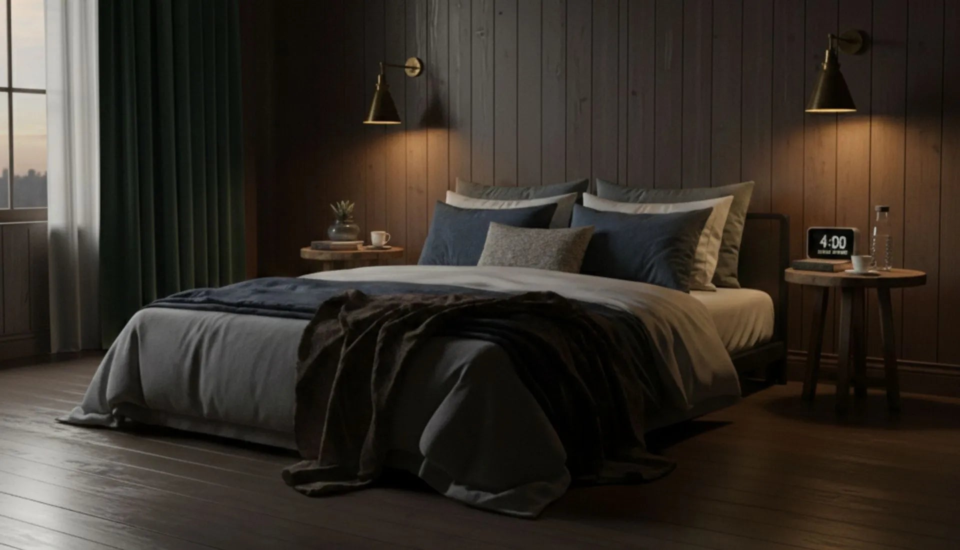 Dark-themed bedroom with a bed, nightstands, and wall sconces.