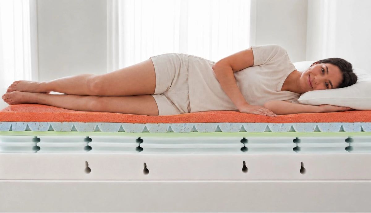 Woman lying on her side on a cutaway view of the Contour mattress layers