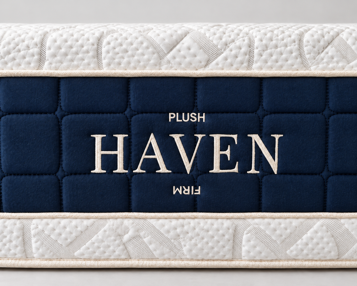 Close-up of the Contour mattress side panel with the Haven logo