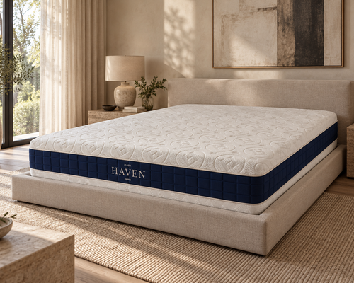 Flex-Core Contour mattress on an upholstered bed in a bright bedroom