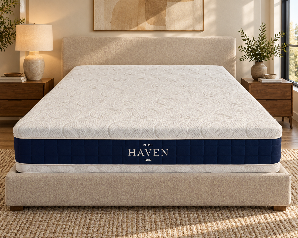 Contour mattress on an upholstered bed, front view