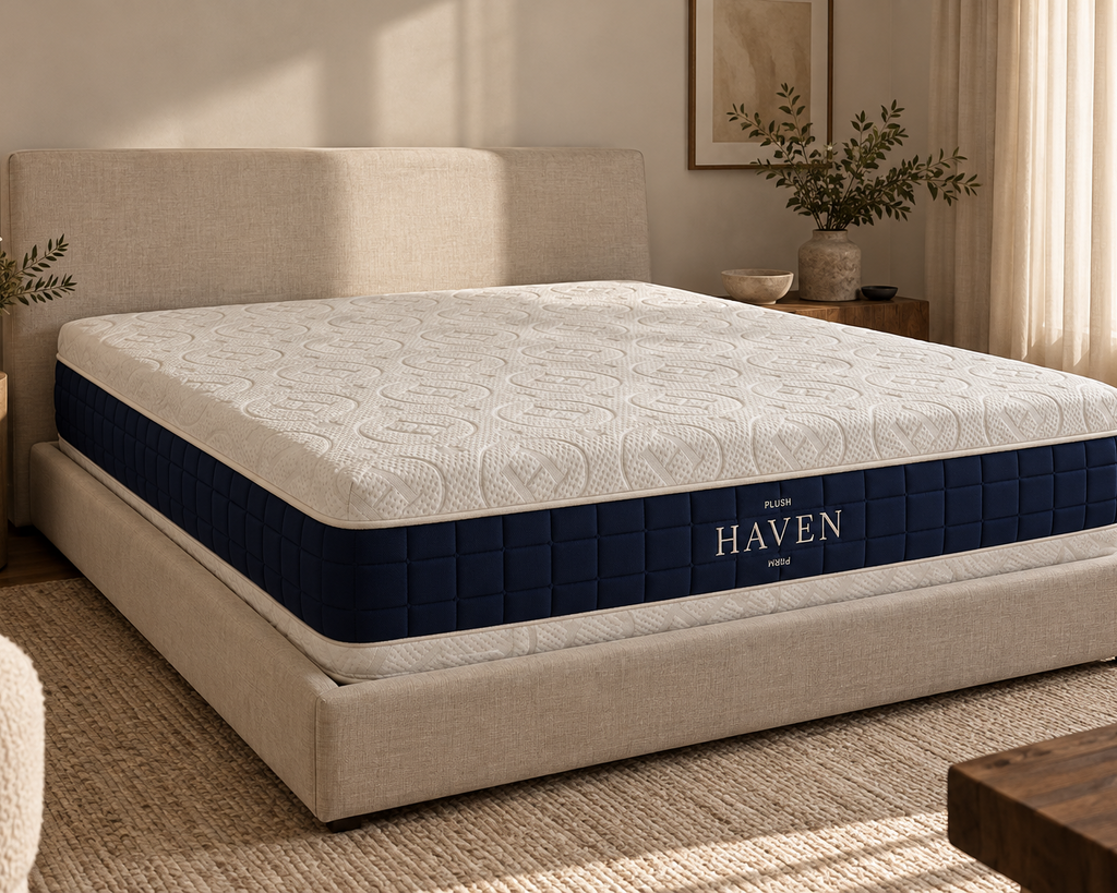 Contour mattress on an upholstered bed frame, angled view