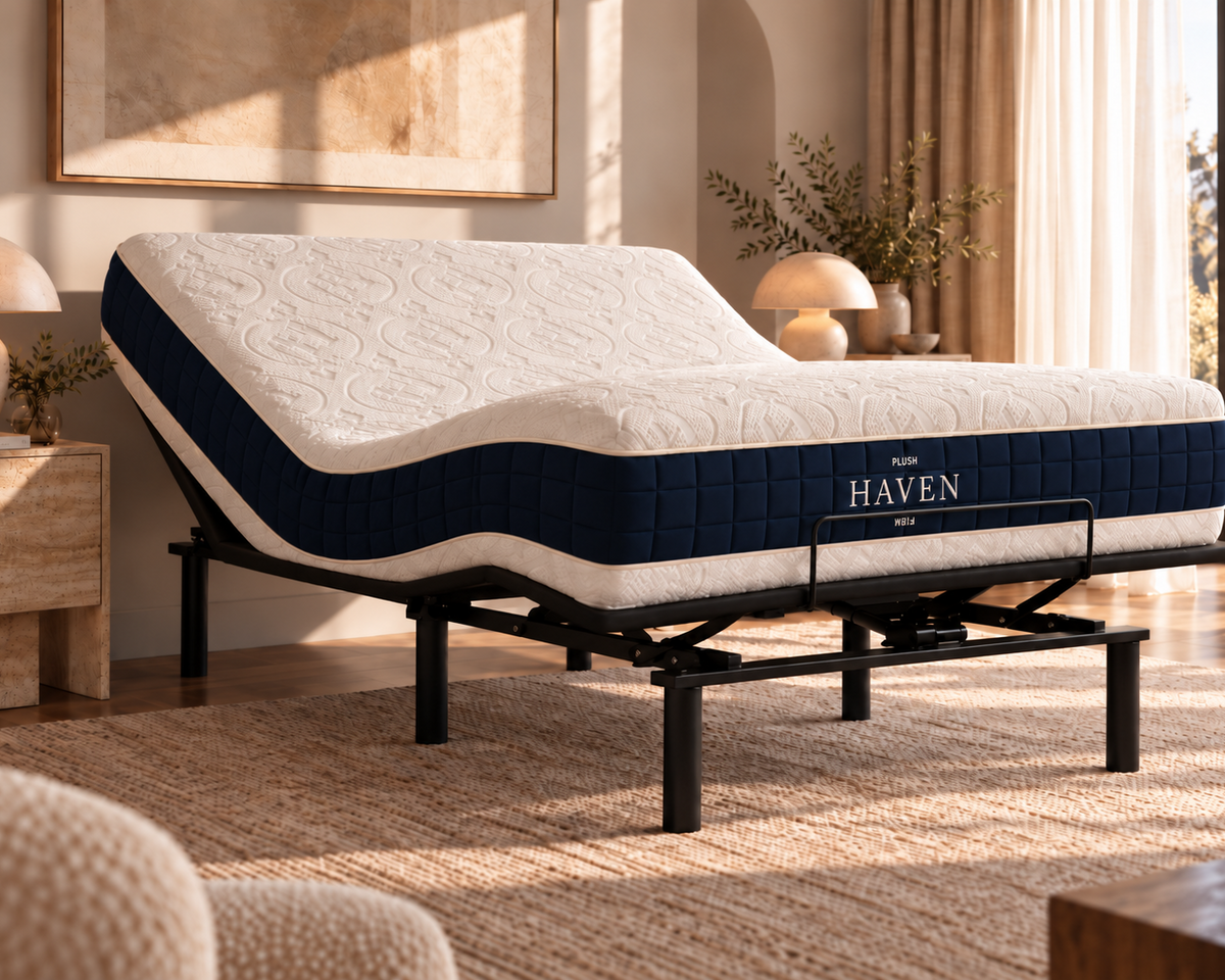 Contour mattress on an adjustable base in a bedroom