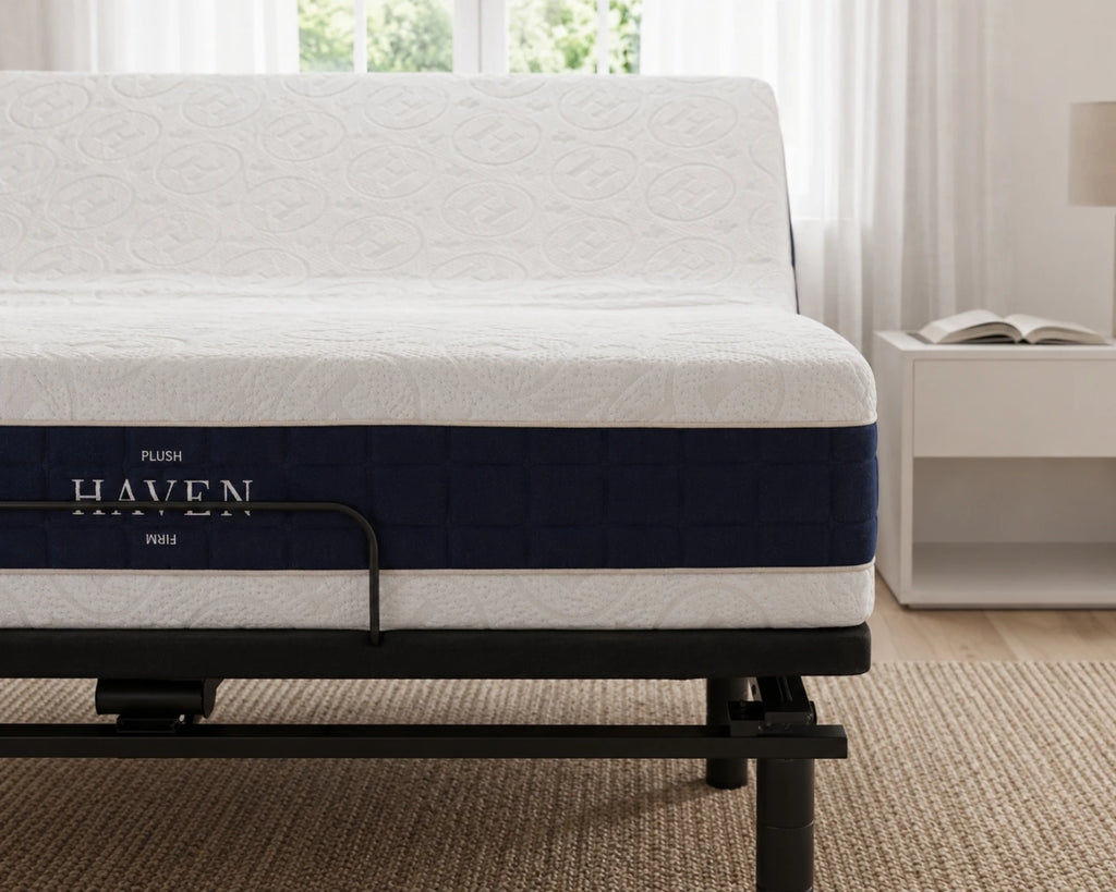 Contour mattress on an adjustable base, side view