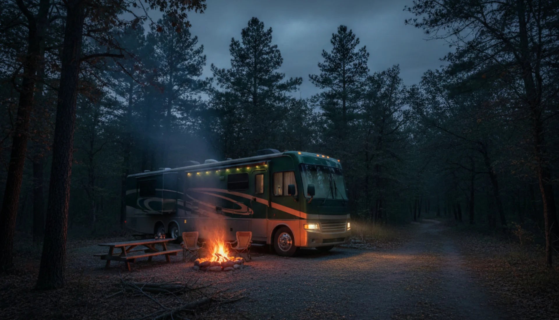 RV parked near a campfire in a forest at night