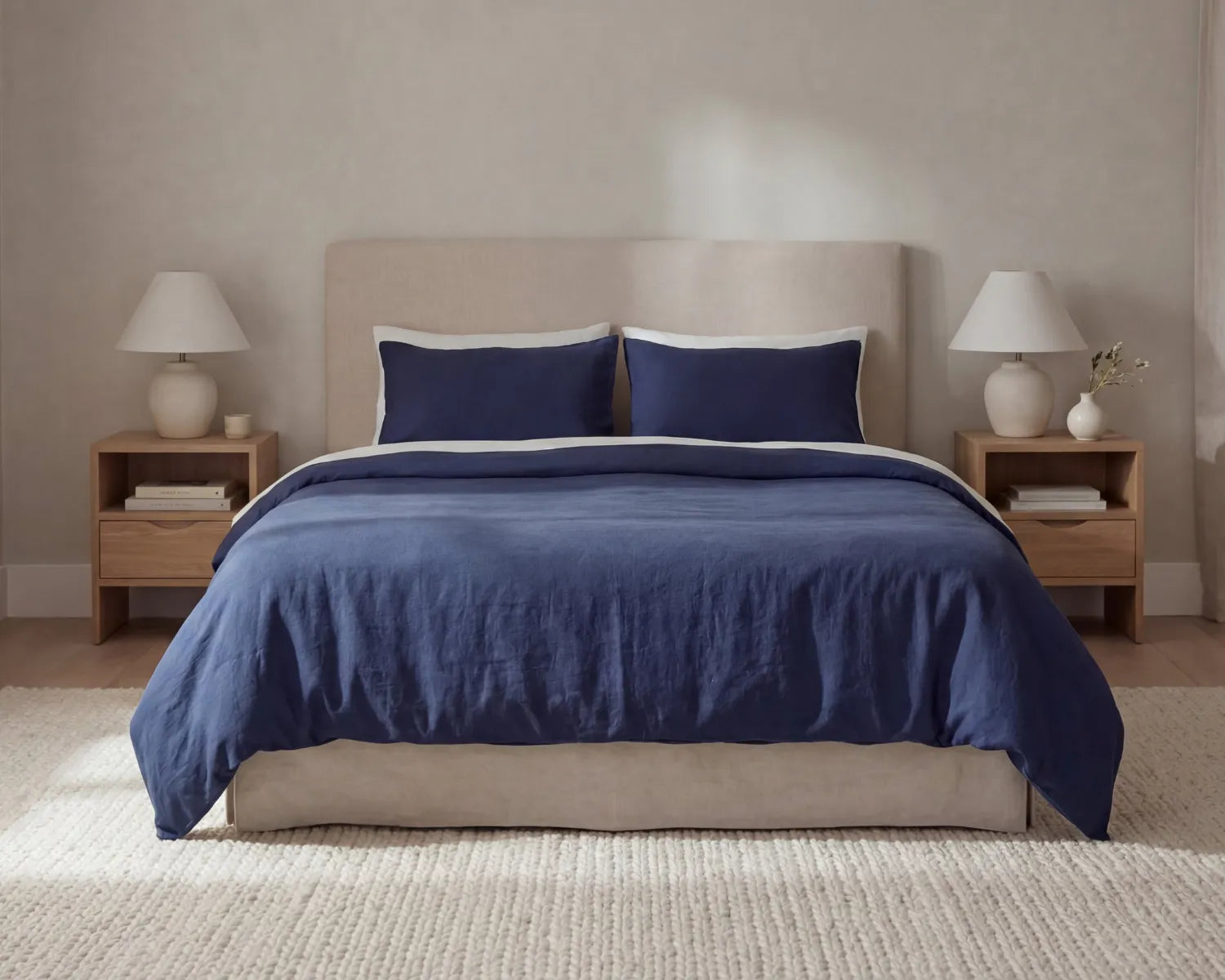 Blue bedding set on a bed in a bedroom with two nightstands and lamps.