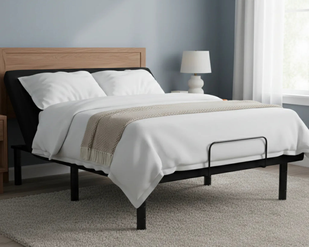 Bed with white bedding and a wooden headboard in a bedroom setting.