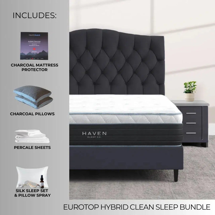 Haven Eurotop Hybrid Clean Sleep Bundle displayed with charcoal mattress protector, charcoal pillows, percale sheets, and silk sleep set on a luxurious Haven mattress