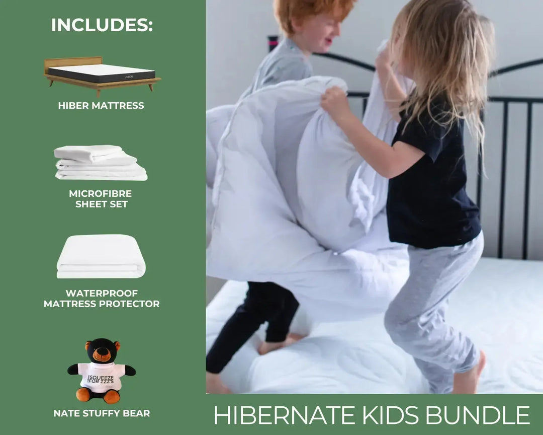 Children playing with bedding set on a bed, including mattress, sheet set, and mattress protector, with a green sidebar listing included items and a stuffed bear toy.
