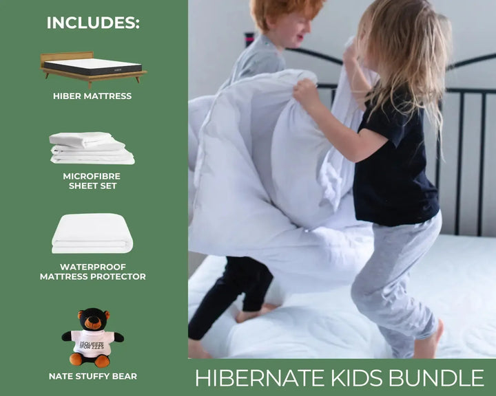 Children playing with bedding set on a bed, including mattress, sheet set, and mattress protector, with a green sidebar listing included items and a stuffed bear toy.