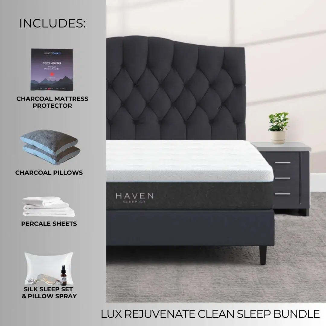 Haven LUX Rejuvenate Clean Sleep Bundle with mattress, charcoal pillows, percale sheets, and silk sleep set.