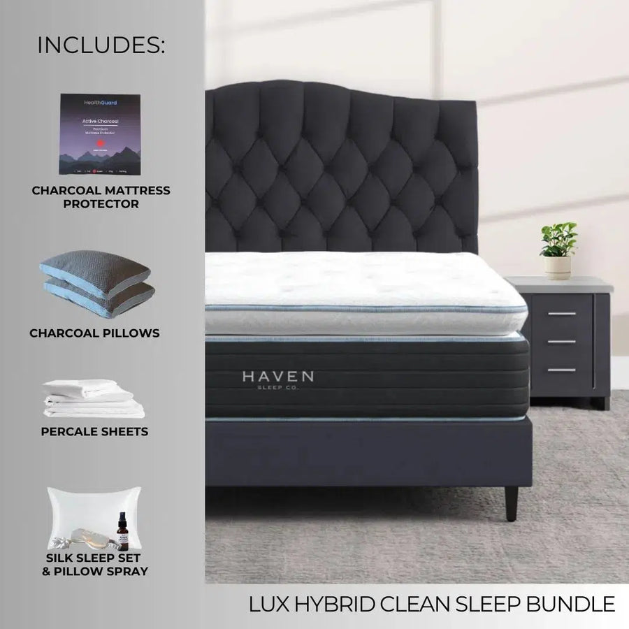 Luxurious Haven LUX Hybrid mattress set with charcoal-infused sleep accessories, including pillows and protector