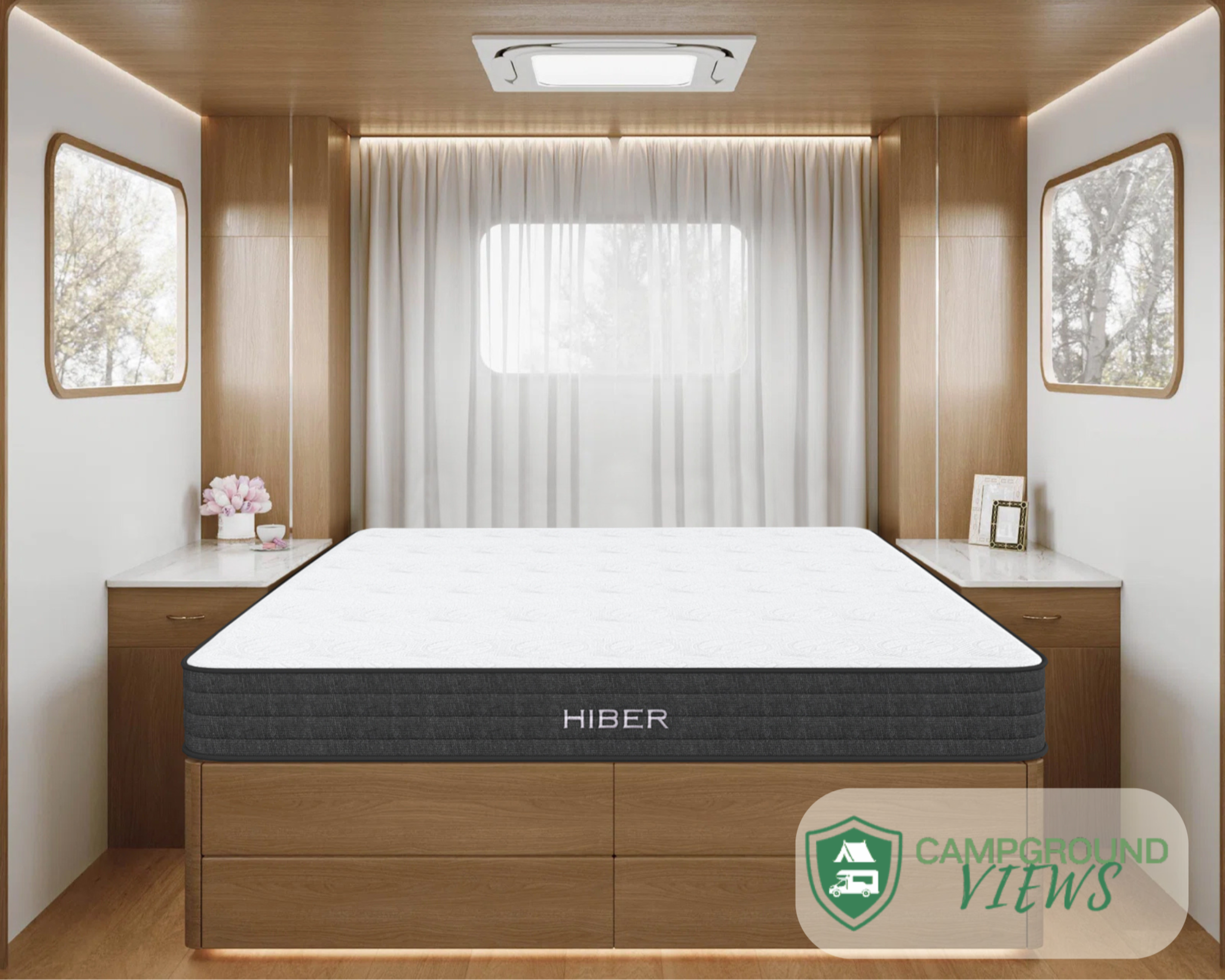 HIBER8 mattress in a modern RV bedroom setup – lightweight, low-profile mattress made in Canada, perfect for campers and wallbeds