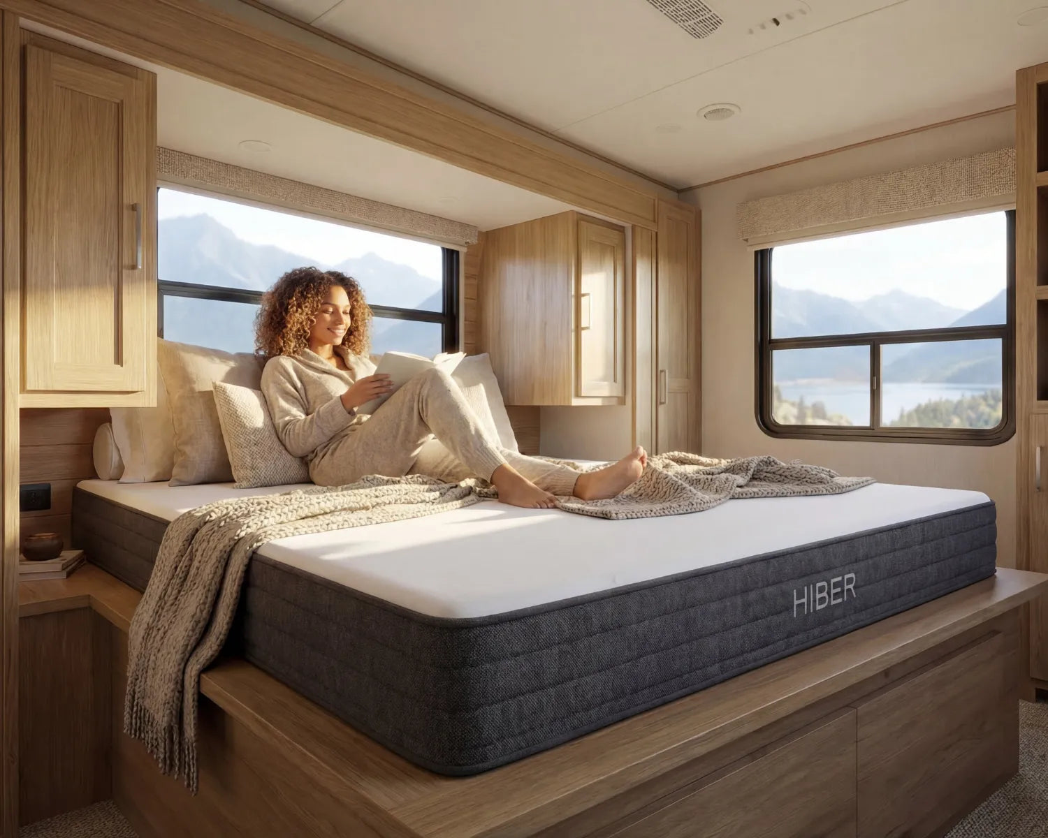Woman sitting on a bed in a compact living space with 'Hiber' mattress, surrounded by wooden furniture and large windows.