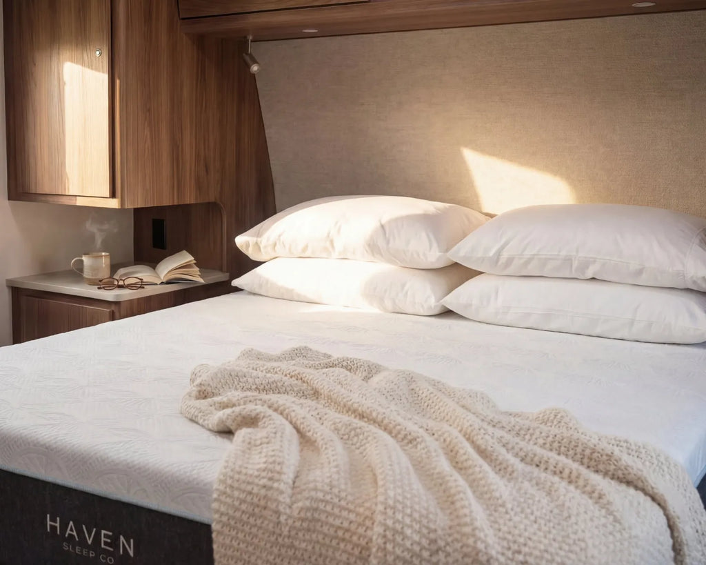 Bed with white pillows and a beige blanket in a room with wooden cabinets and a lamp.