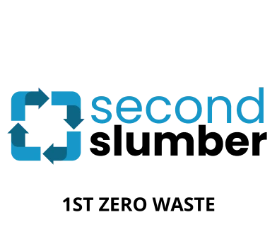Logo of second slumber with blue arrows and text on a white background