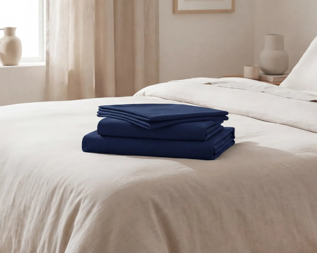 Stack of blue folded bed sheets on a white bed in a bedroom setting.