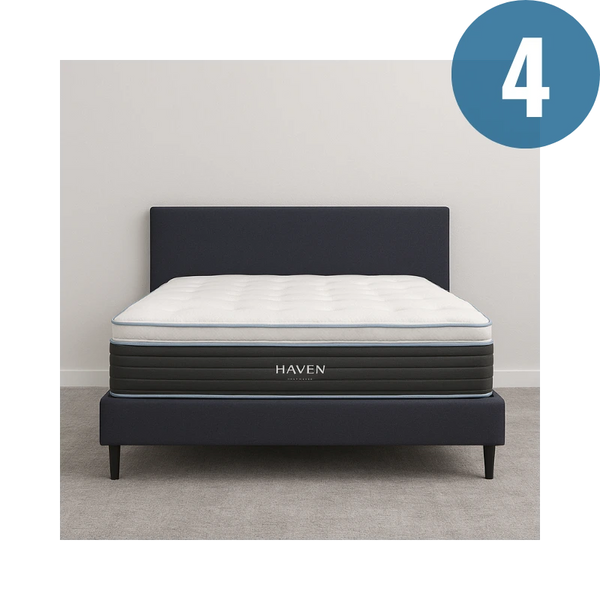 Mattress with Haven branding on a bed frame against a plain wall.