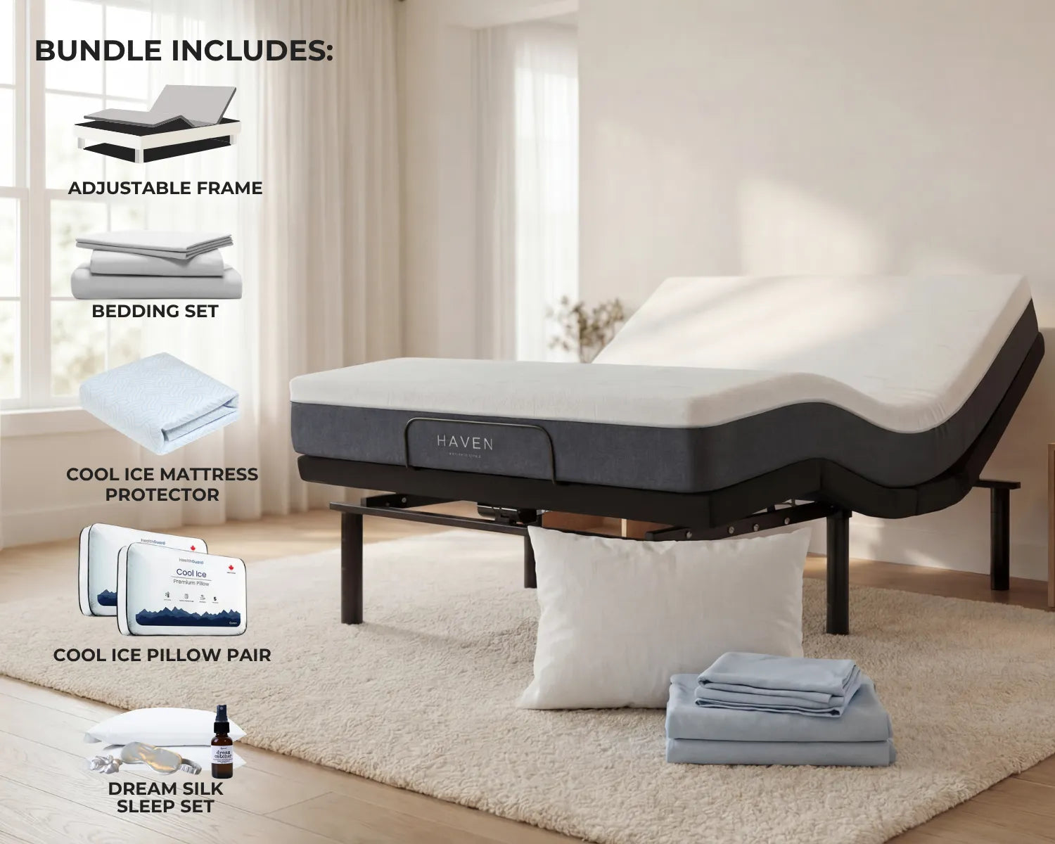 Bed setup with adjustable frame, bedding set, mattress protector, pillow pair, and sleep set in a bedroom.