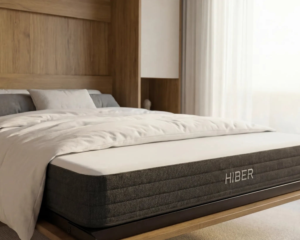 Mattress with 'Hiber' branding in a bedroom setting