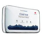 Haven Cool Ice Premium Pillow in its packaging, featuring HealthGuard branding, a mountain design, and a Canadian maple leaf symbol, with key product features and a 5-year warranty highlighted on the front.