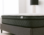Close-up side view of the Haven Pocket Coil Mattress with a white quilted top and dark grey quilted sides, resting on a grey upholstered bed frame. The mattress, featuring a label with the Haven Sleep Co. logo, showcases its premium construction designed to provide optimal support with 884 individually wrapped coils and a bamboo cover with cool touch technology.