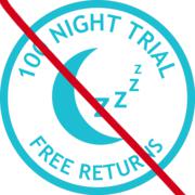 100 night trial logo with half moon and zzzz's that says 'free returns' at bottom