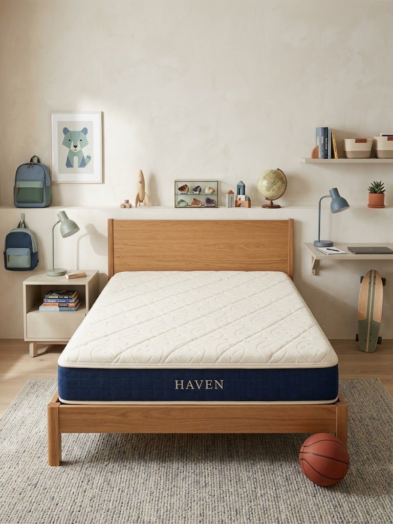 Twin on a standard platform — 8.5" reads like a real bed, not a crash mat